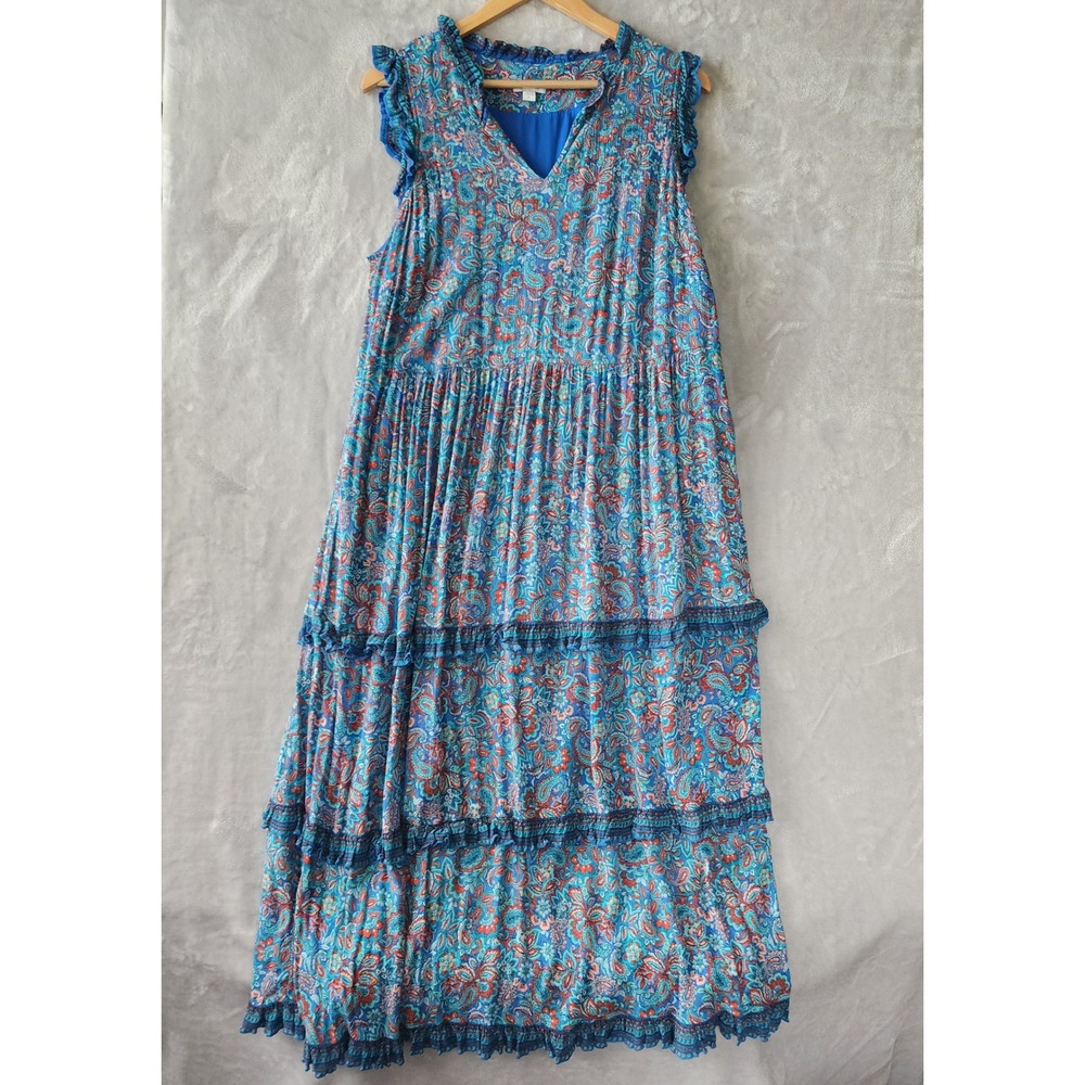 J. Jill Dress Womens Size Large Blue Paisley Floral Ruffle Tiered Pockets